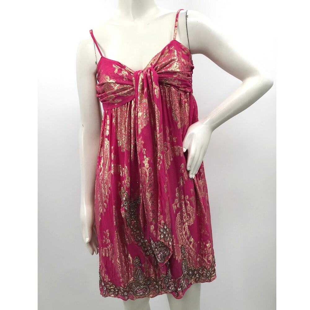 Gold Hawk Hot Pink Gold Brocade Beaded Babydoll Mini Dress S